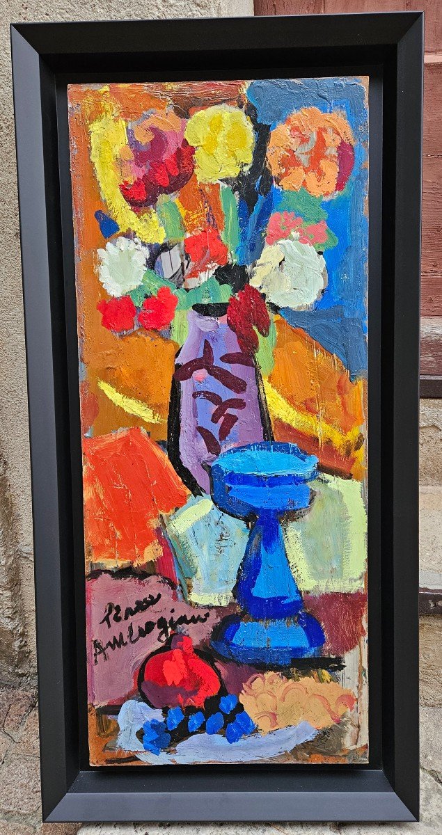 Bouquet Of Flowers In Blue Vase By Pierre Ambrogiani 1907-1985