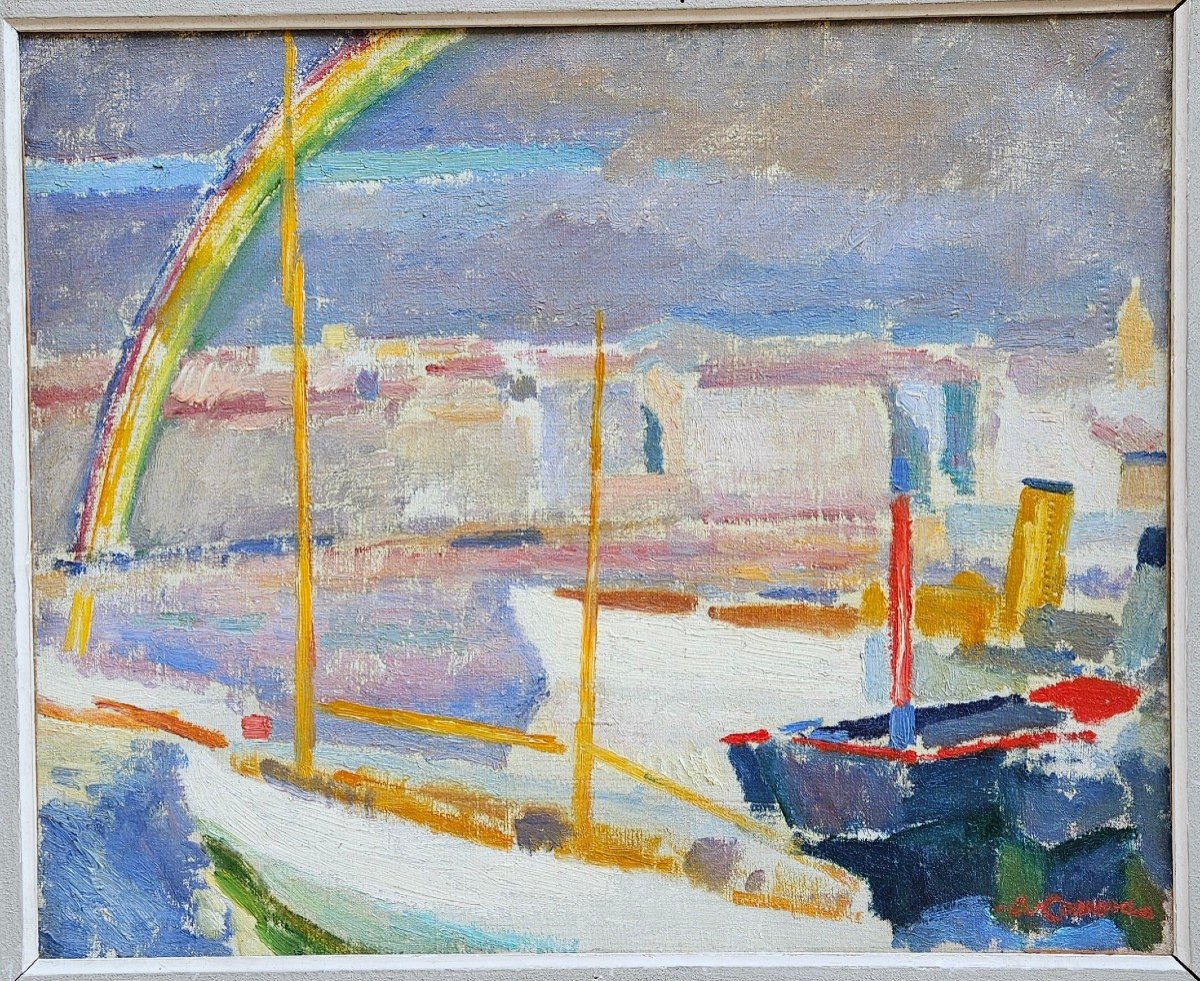 Rainbow Over The Port Of Marseille By Augustin Carrera 1878-1952-photo-2