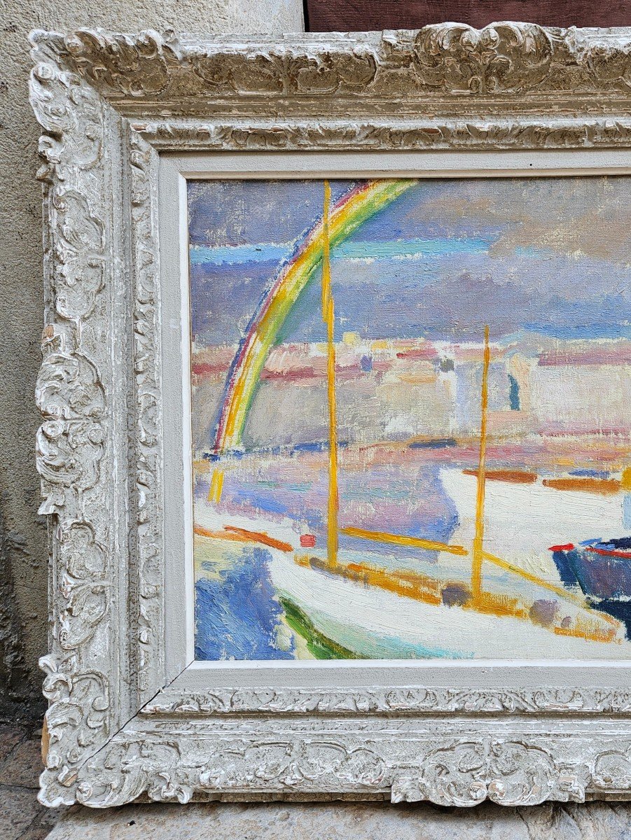 Rainbow Over The Port Of Marseille By Augustin Carrera 1878-1952-photo-6