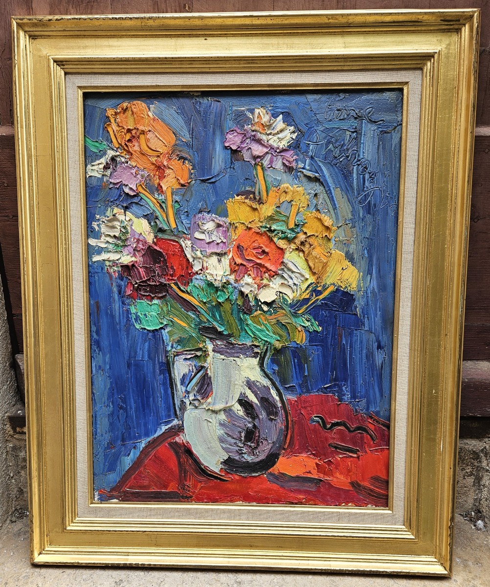 Bouquet On A Blue Background By Pierre Ambrogiani 1907-1985-photo-4