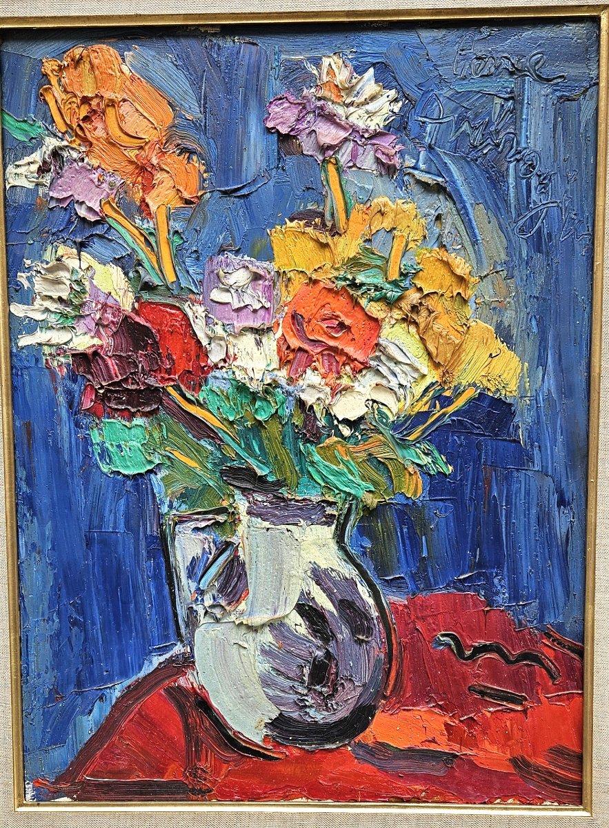 Bouquet On A Blue Background By Pierre Ambrogiani 1907-1985-photo-1