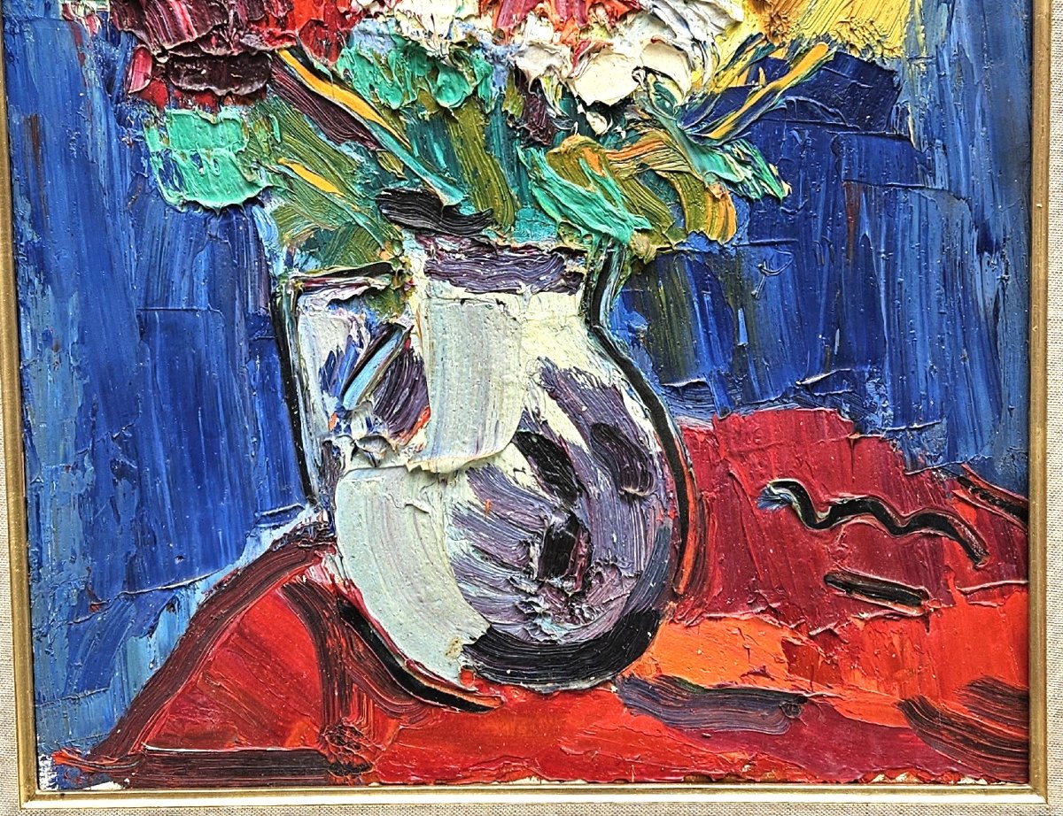 Bouquet On A Blue Background By Pierre Ambrogiani 1907-1985-photo-2