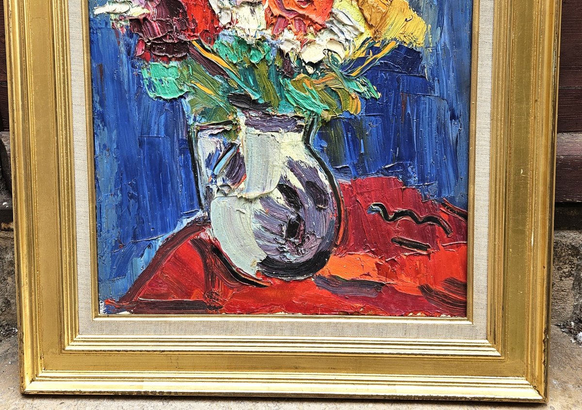 Bouquet On A Blue Background By Pierre Ambrogiani 1907-1985-photo-3