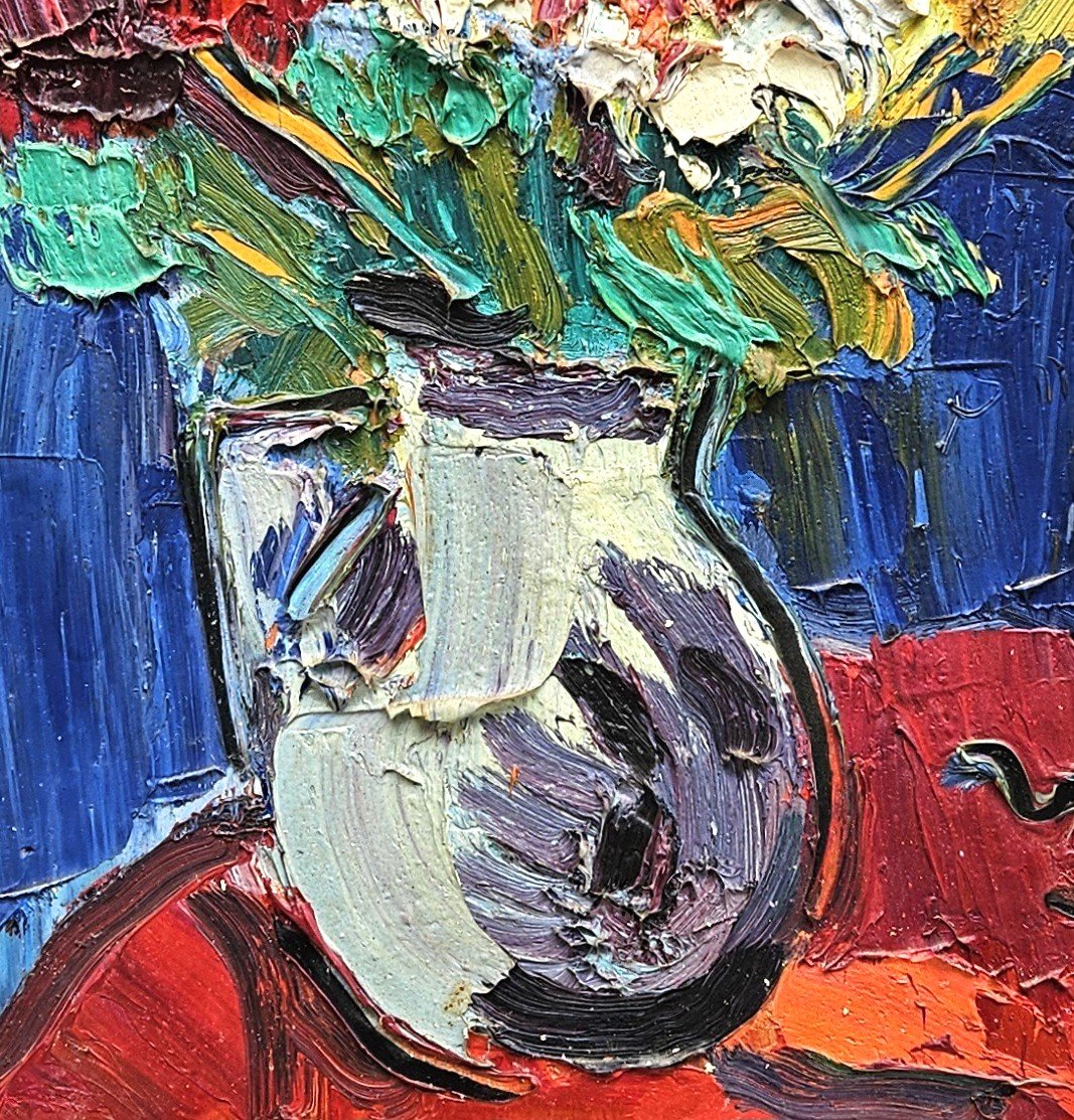 Bouquet On A Blue Background By Pierre Ambrogiani 1907-1985-photo-5