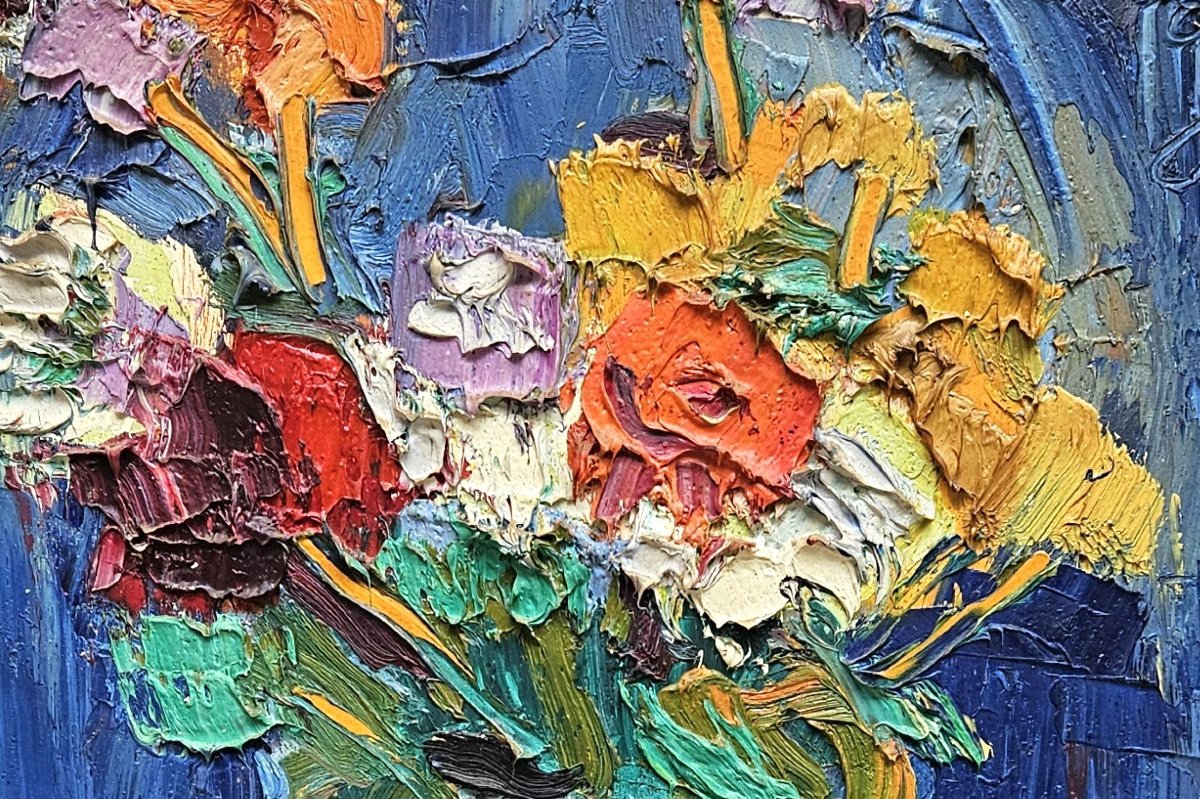 Bouquet On A Blue Background By Pierre Ambrogiani 1907-1985-photo-6