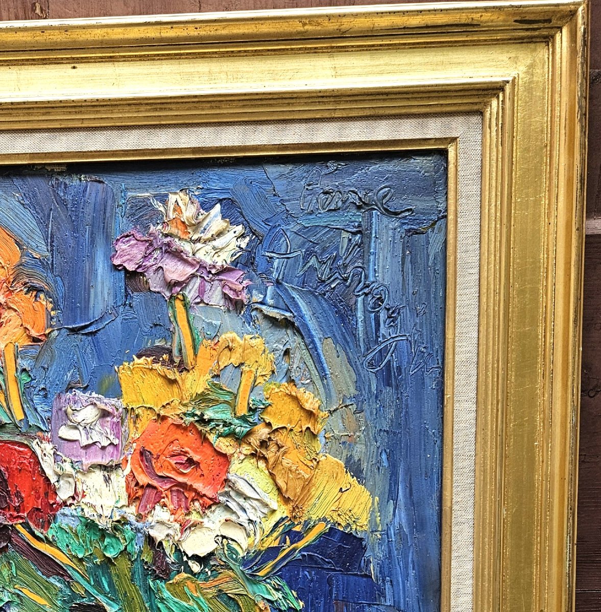 Bouquet On A Blue Background By Pierre Ambrogiani 1907-1985-photo-8