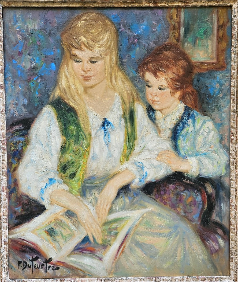 Mother And Child Reading By Pierre Duteurtre 1911-1989-photo-2