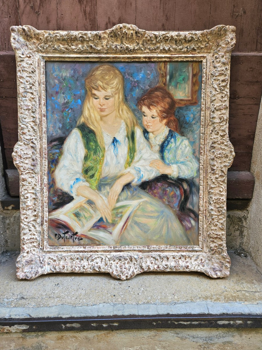 Mother And Child Reading By Pierre Duteurtre 1911-1989-photo-3