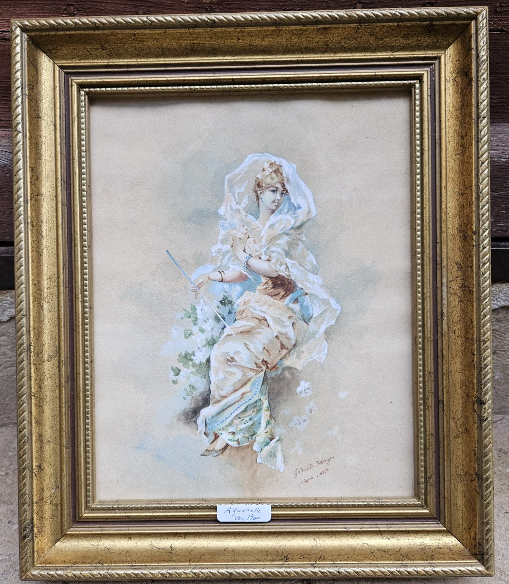 Jeune femme aquarelle signée vers 1900-photo-2