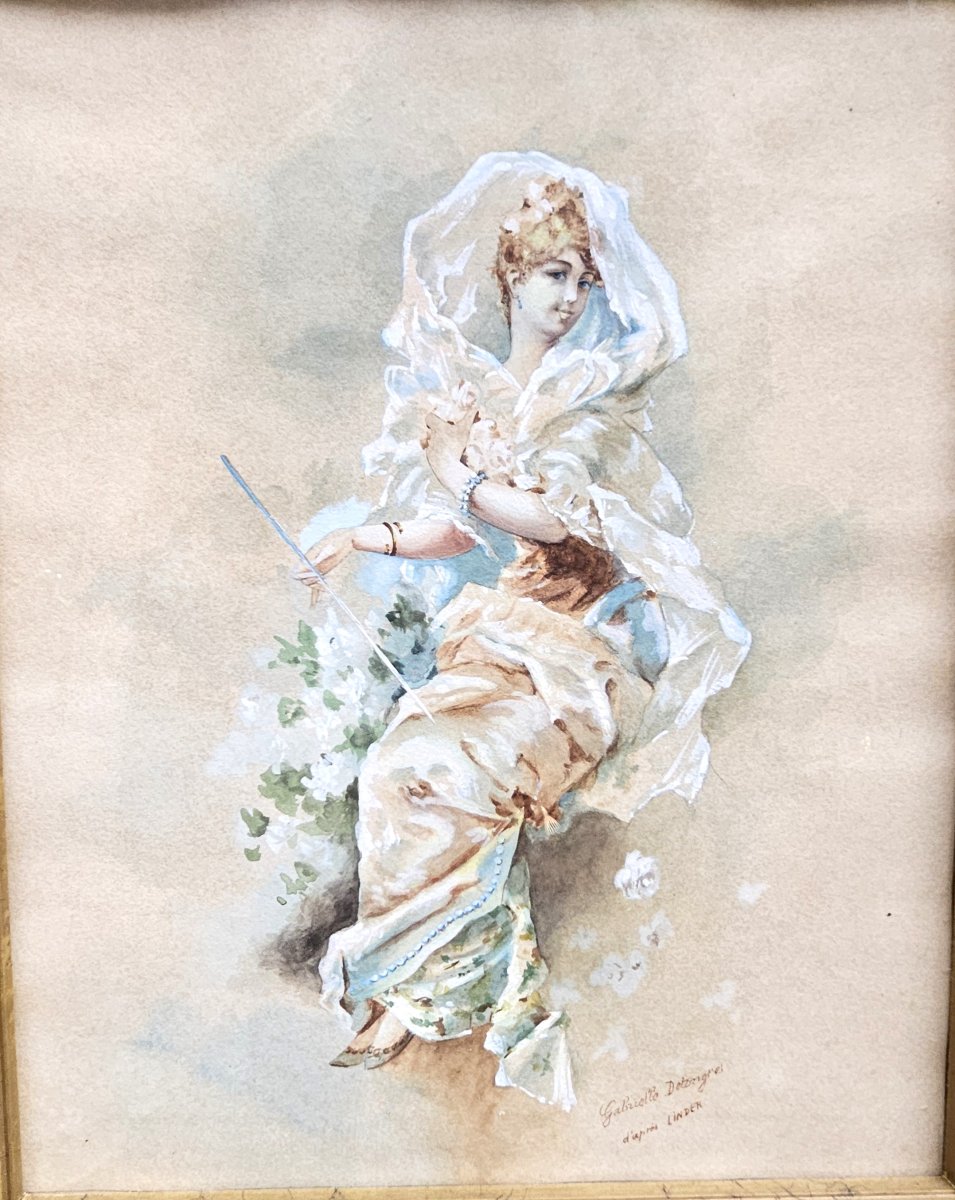 Jeune femme aquarelle signée vers 1900-photo-6