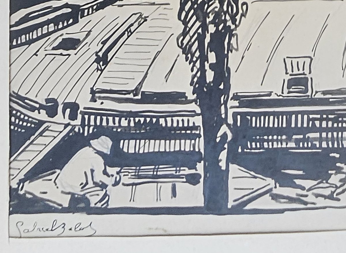 Le pêcheur devant une péniche vers 1920 par Gabriel BELOT 1882-1962-photo-5