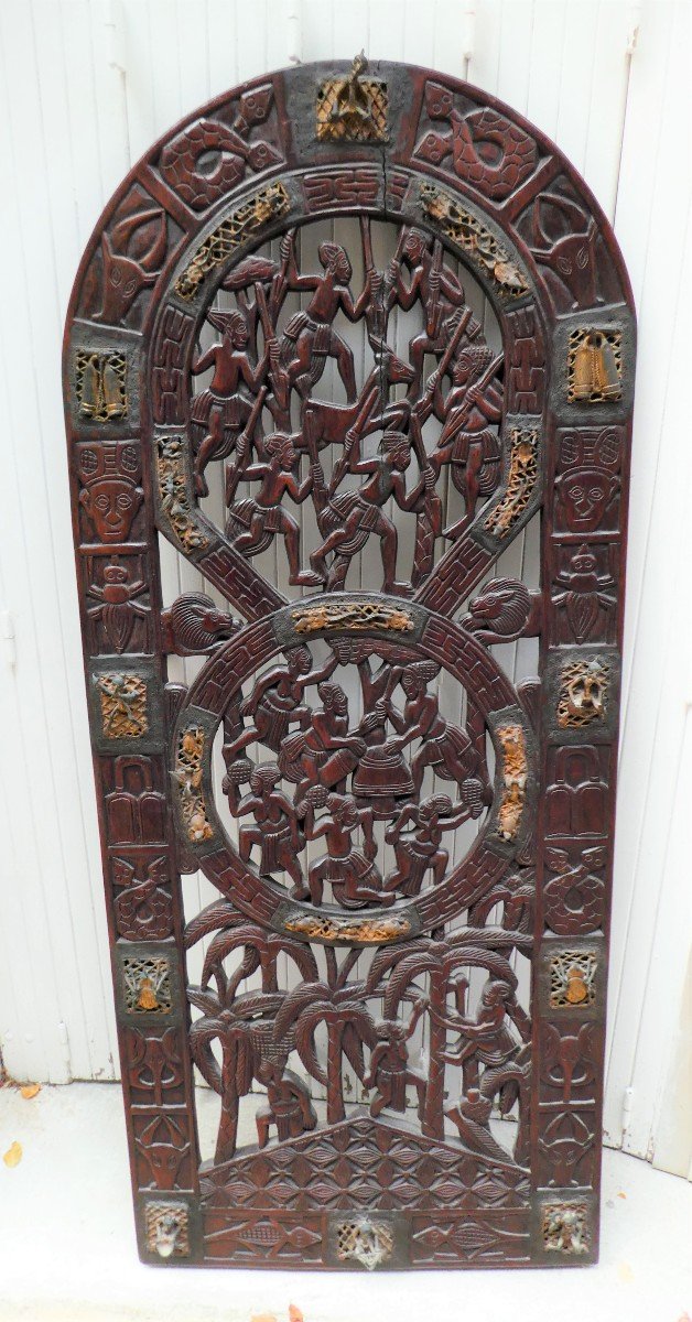 Hardwood Panel Inlaid With Bamoun Bronzes From Cameroon