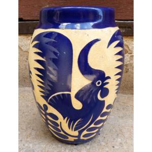 Art-deco Vase "the Roosters" By Roger Mequinion 1905-1995