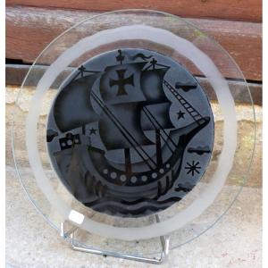  Plat Art-deco En Verre De Roger Mequinion