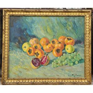 Persimmons, Pomegranate And Grapes By Costanzo Waldemaro Figlinesi 1912-1991