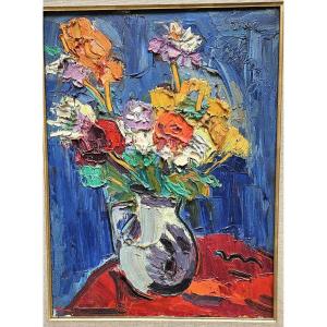 Bouquet On A Blue Background By Pierre Ambrogiani 1907-1985