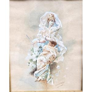 Young Woman, Watercolor Signed Circa 1900