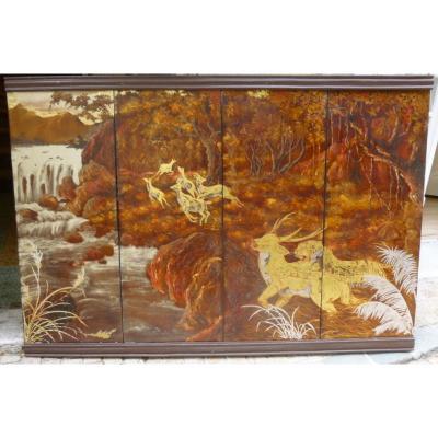 4 Lacquer Panels Years 1950-1960 Vietnam Signed