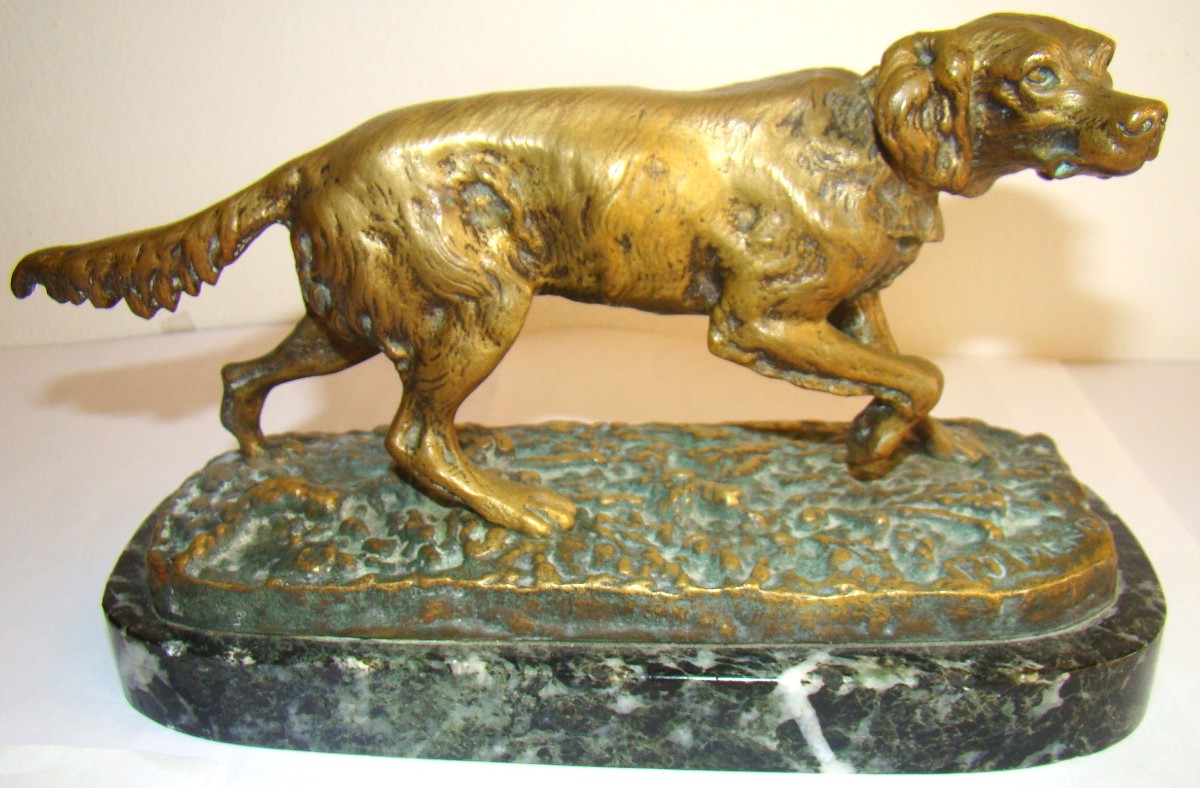 Pierre Jules Mène, Bronze Hunting Dog, Marble Base, Length 20 Cm