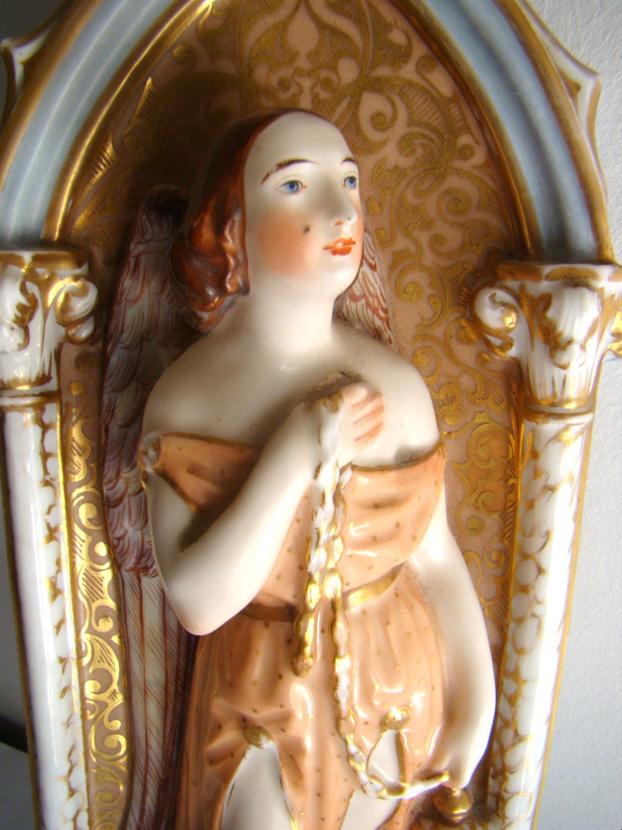 Holy Water Font, In Polychrome Porcelain, Late 19th Century, To Be Identified-photo-1