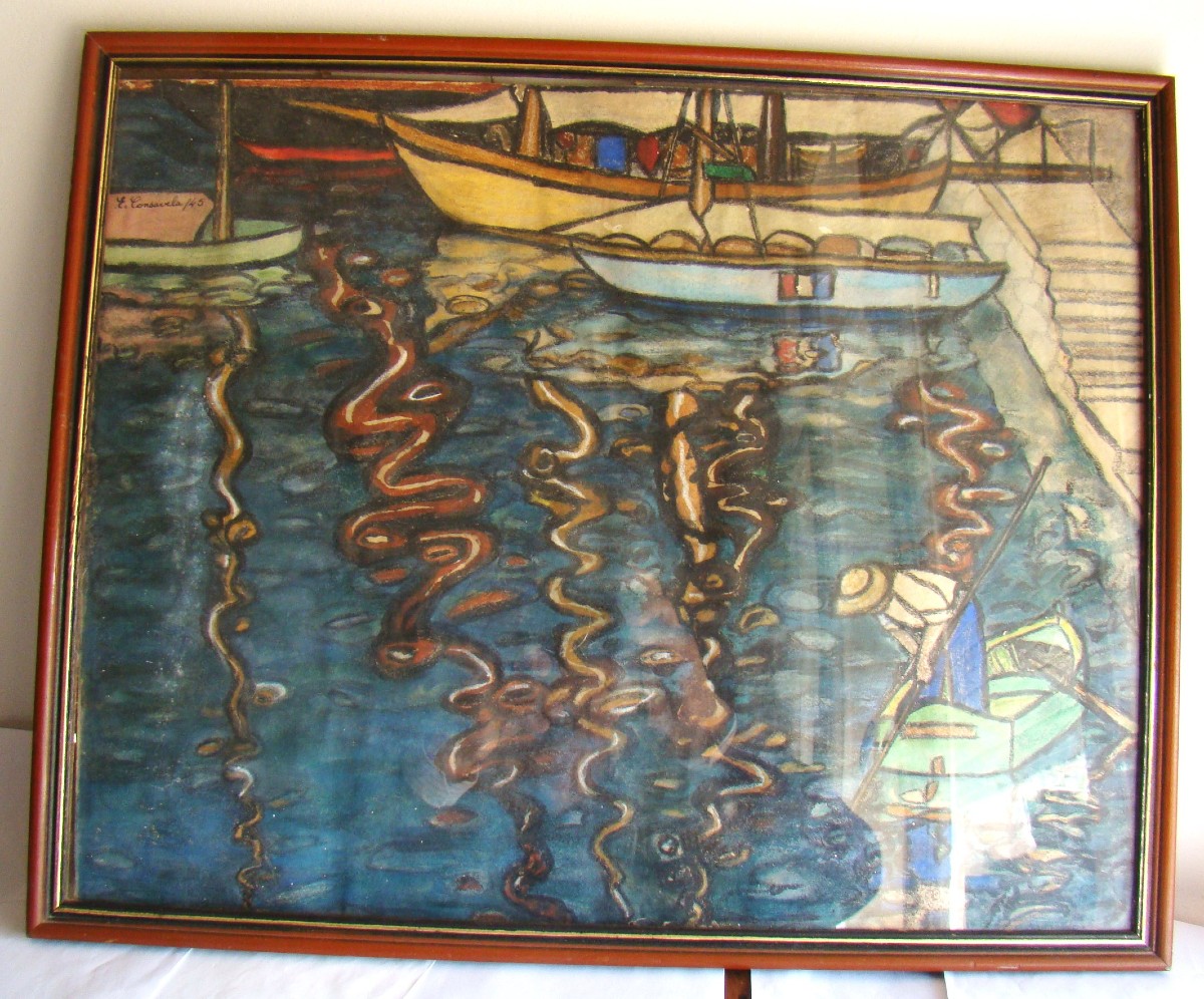 Signed E Consavela Gouache On Paper, Small Boats In The Harbor-photo-2