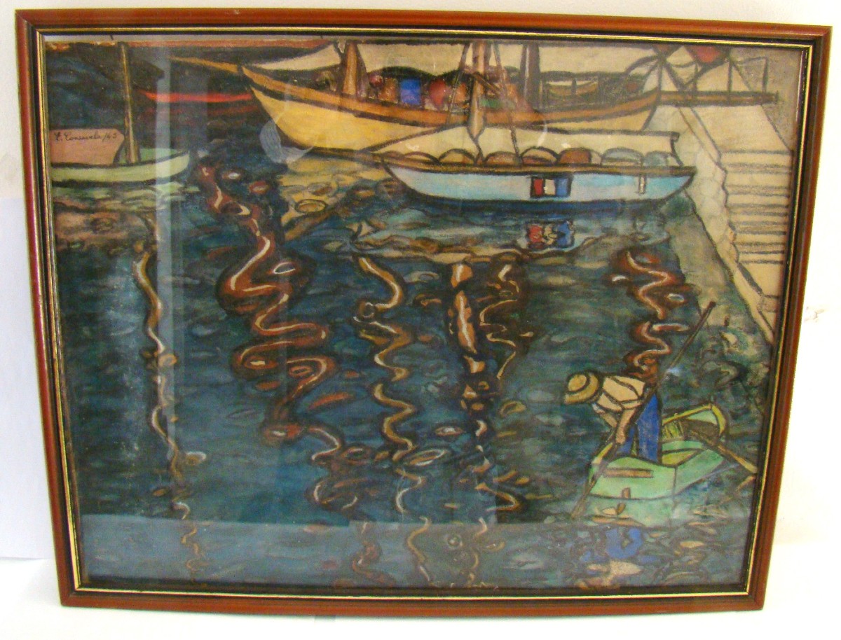 Signed E Consavela Gouache On Paper, Small Boats In The Harbor-photo-3