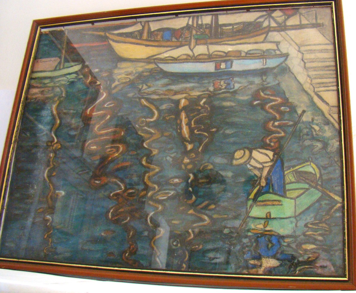 Signed E Consavela Gouache On Paper, Small Boats In The Harbor-photo-1