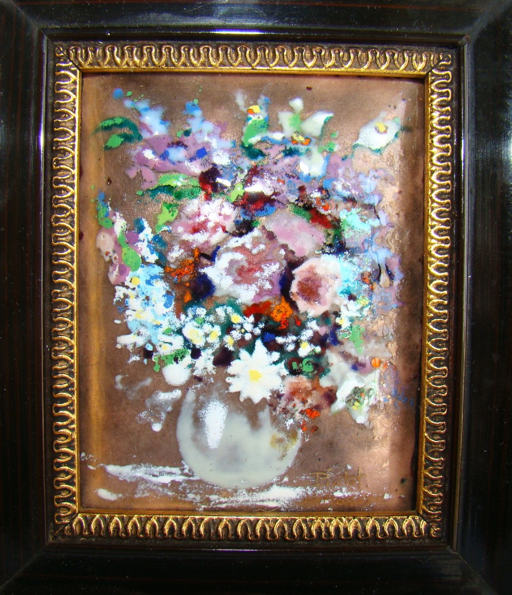 In Limoges Enamel, Signed Piotet, Bouquet Of Flowers-photo-2
