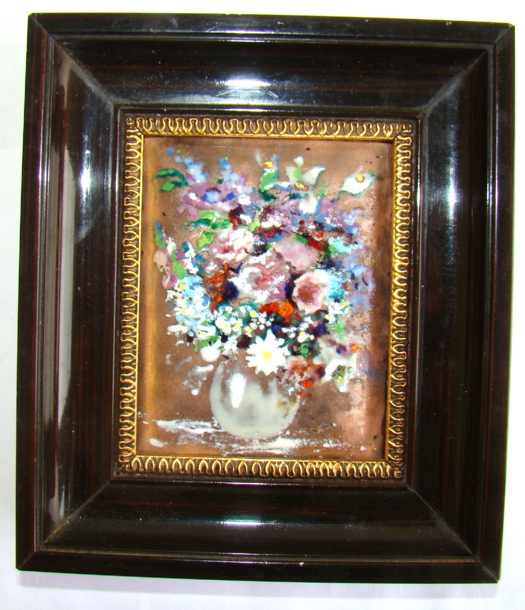In Limoges Enamel, Signed Piotet, Bouquet Of Flowers-photo-4