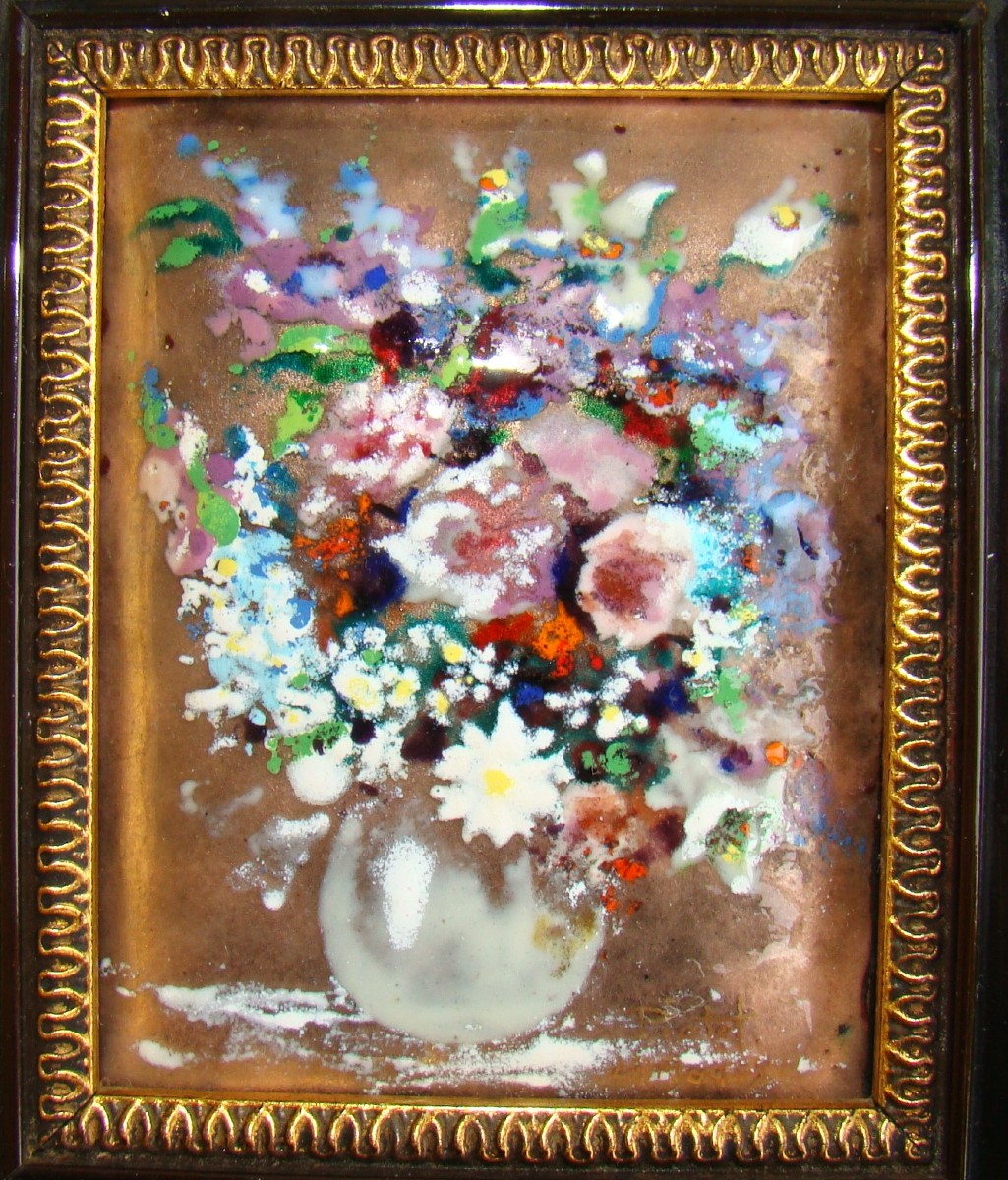 In Limoges Enamel, Signed Piotet, Bouquet Of Flowers-photo-1