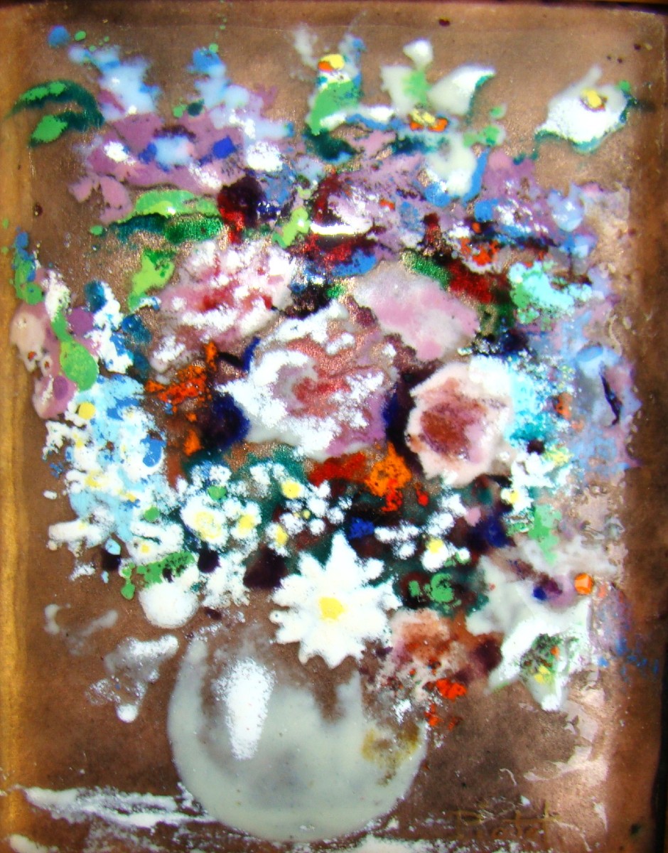 In Limoges Enamel, Signed Piotet, Bouquet Of Flowers-photo-2