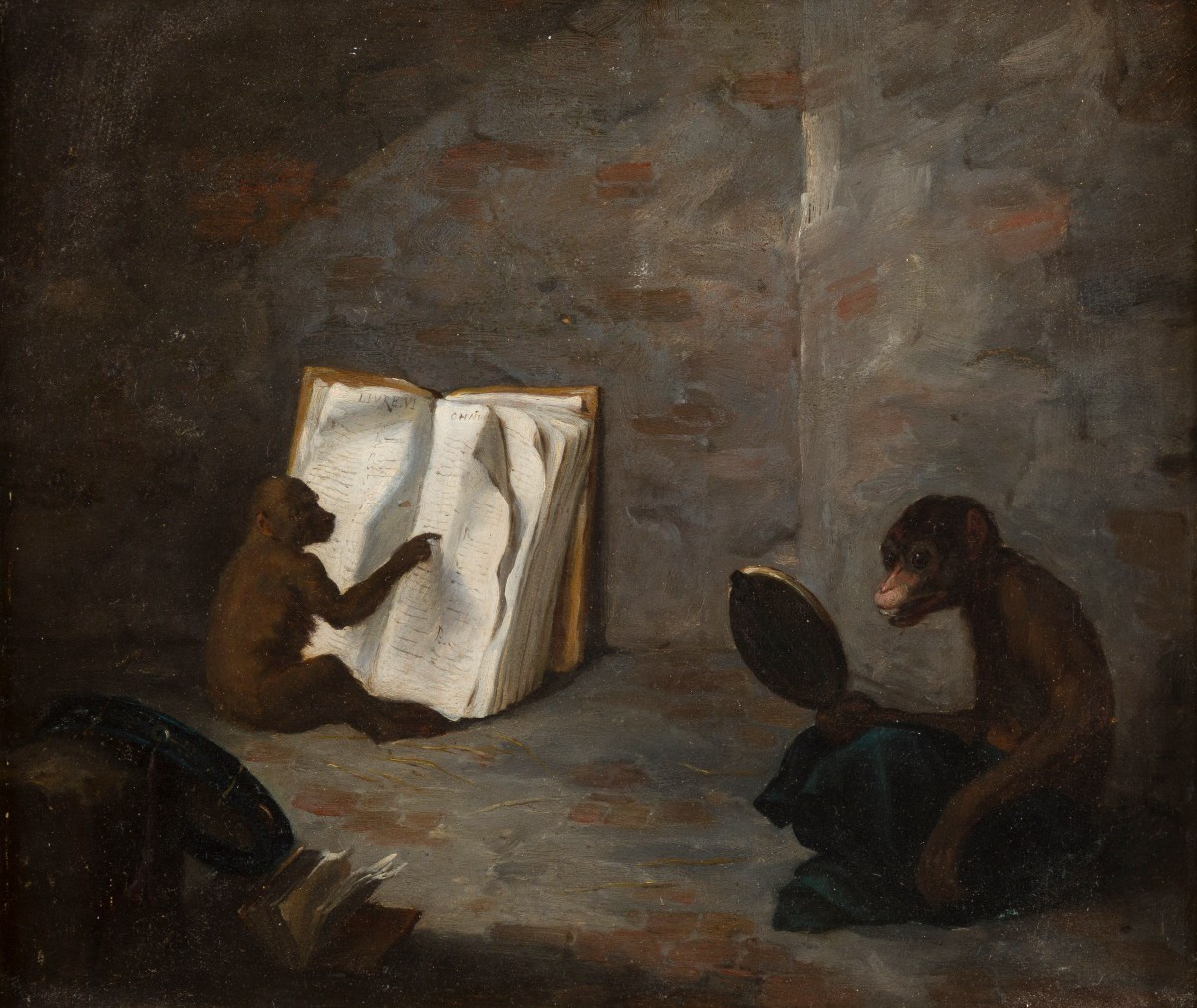 Charles Monginot, "singerie", Circa 1850, In A Beautiful Early 19th-century Gilt Frame-photo-2