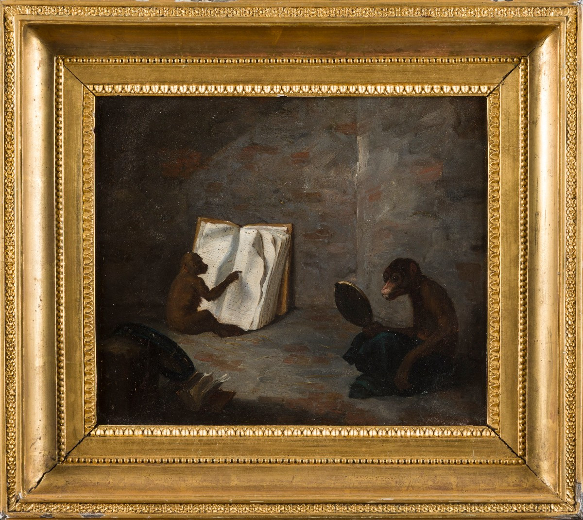 Charles Monginot, "singerie", Circa 1850, In A Beautiful Early 19th-century Gilt Frame