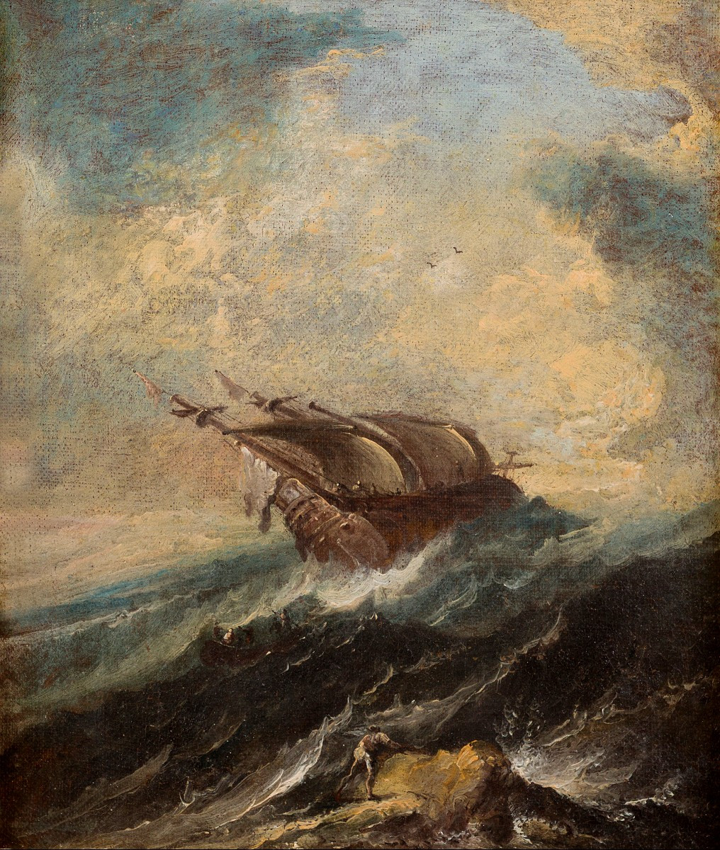 Antonio Maria Marini (Venise, 1668 - 1725), "Vaisseau dans la tempête", avec cadre Louis XVI-photo-2