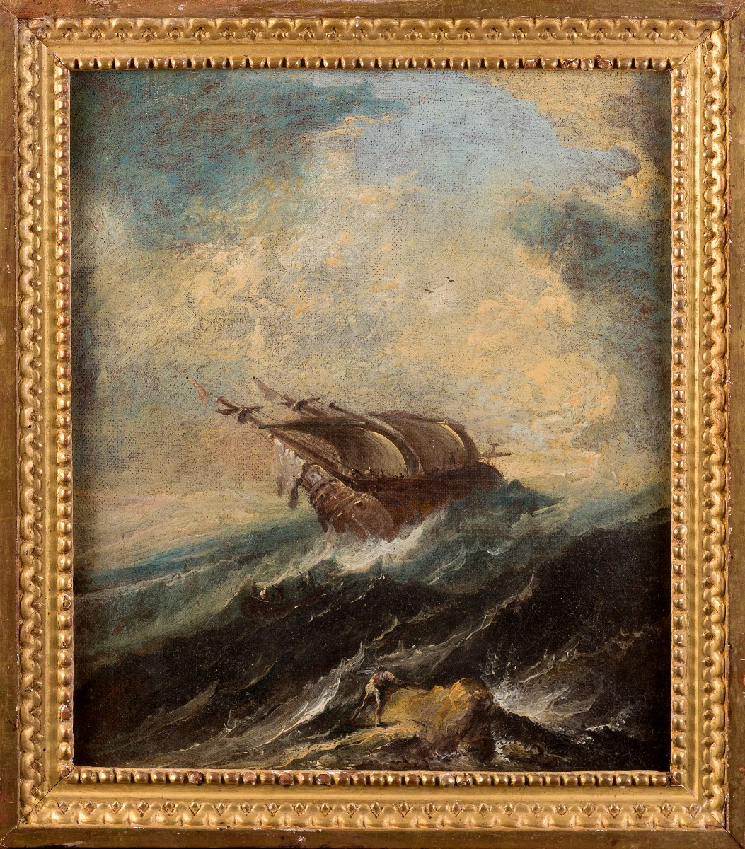Antonio Maria Marini (Venise, 1668 - 1725), "Vaisseau dans la tempête", avec cadre Louis XVI