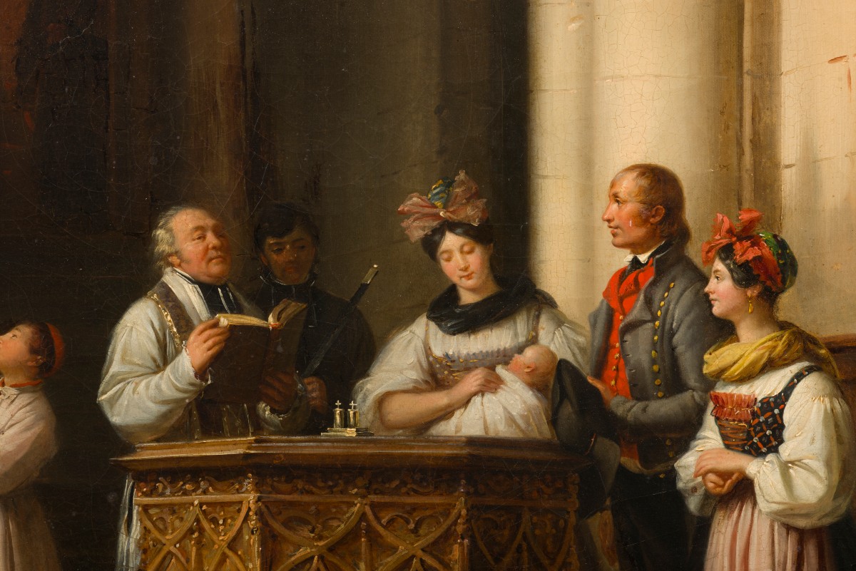 "Un Baptême ; Costumes Alsaciens", Edouard Pingret (1788-1875), huile sur toile-photo-2