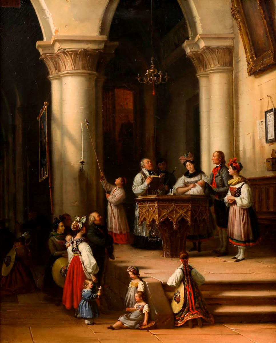 "Un Baptême ; Costumes Alsaciens", Edouard Pingret (1788-1875), huile sur toile