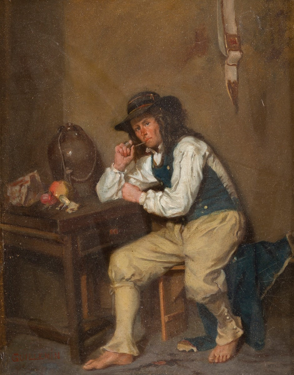 Paysan breton fumant la pipe, Alexandre-Marie Guillemin, Huile sur carton, circa 1850