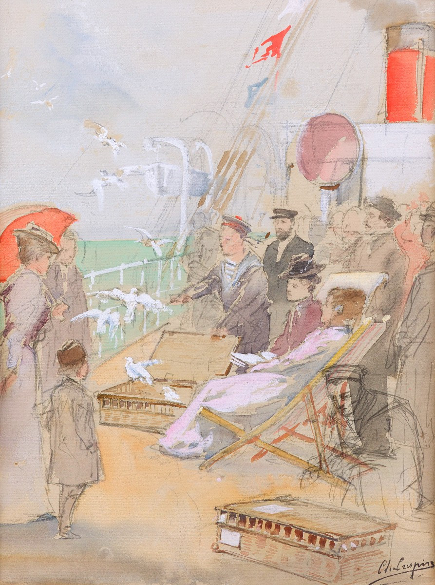 Release Of Carrier Pigeons Aboard An Ocean Liner, Charles Crespin , Circa 1900