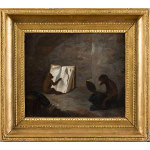 Charles Monginot, "Singerie", circa 1850, dans un beau cadre doré du début du XIXe siècle