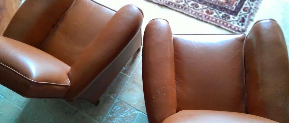 Pair Of Small Leather Club Armchairs.-photo-2