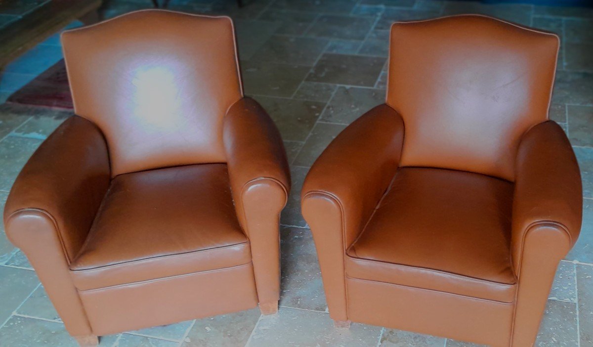 Pair Of Small Leather Club Armchairs.