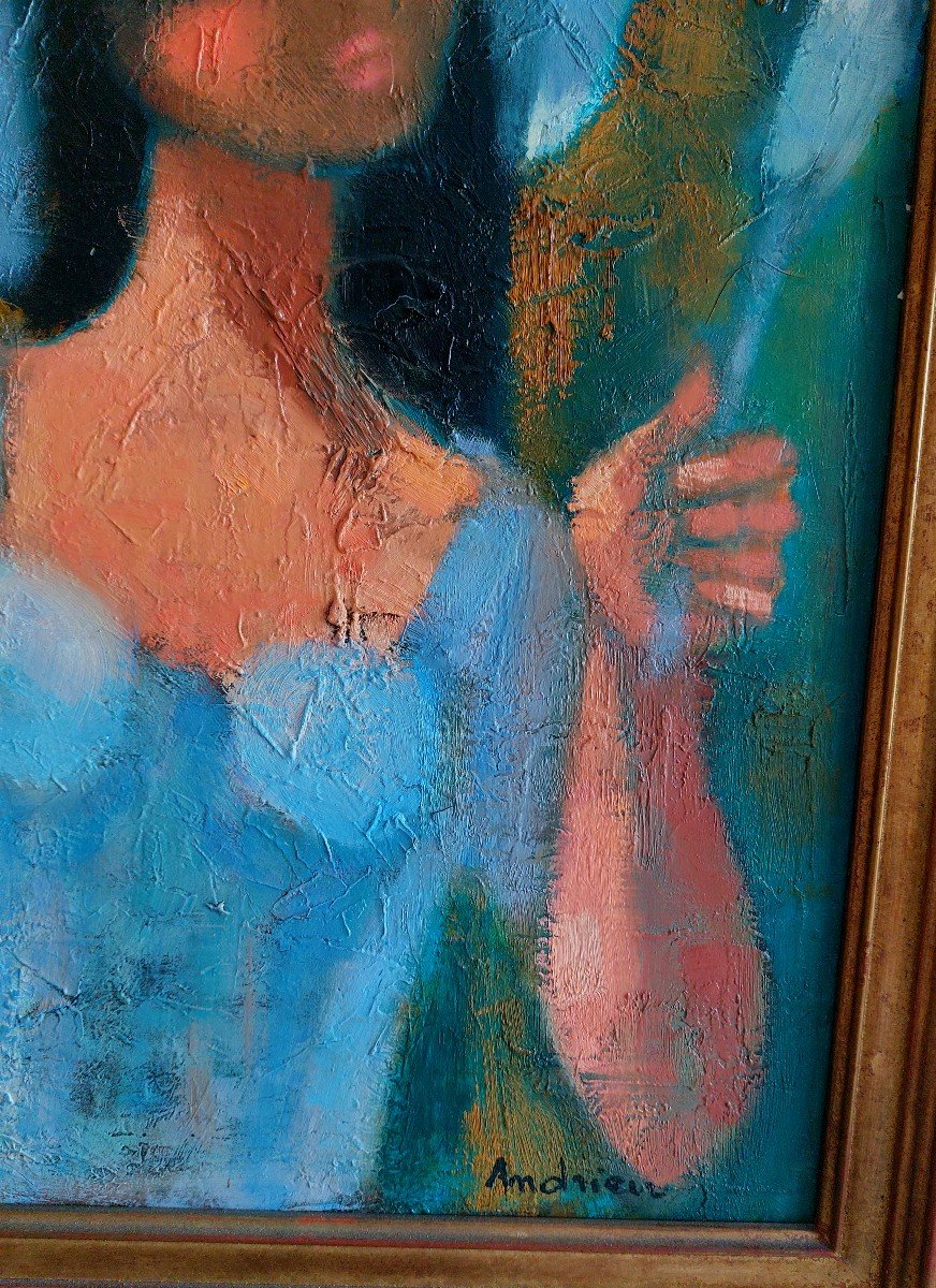 Painting "young Woman With Hat" Jacqueline Andrieu.-photo-3