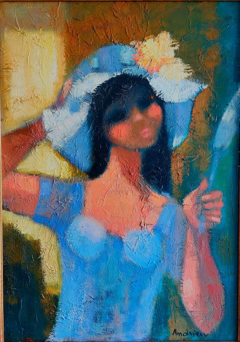 Painting "young Woman With Hat" Jacqueline Andrieu.