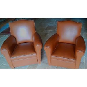 Pair Of Small Leather Club Armchairs.