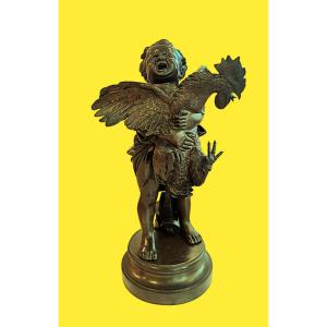 Important Bronze  "Enfant au coq" A. Cecioni.