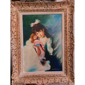Peinture. "Petite fille à la poupée". Gaillard.