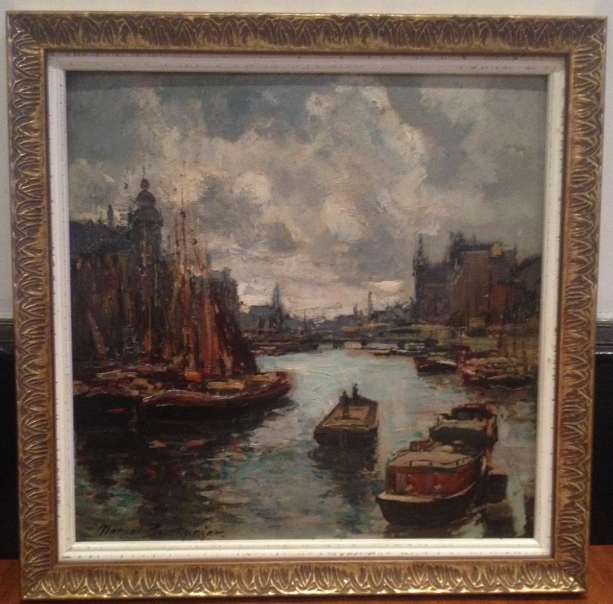 Parturier Marcel, Port De Rotterdam, Huile Sur Carton, 36 X 36 Cm, Signé