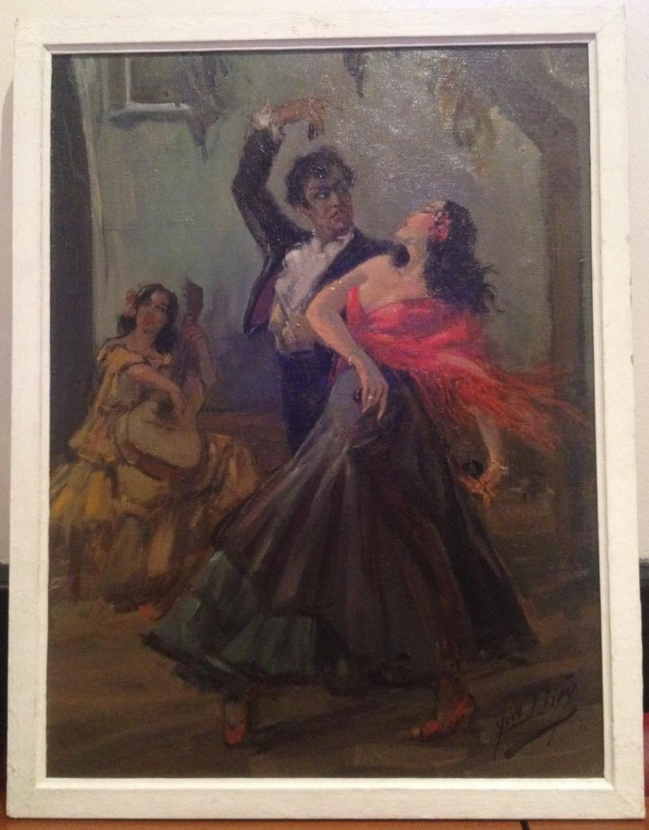 Yves Diey, Flamenco In A Cabaret Of Granada, Oil On Canvas, 65 X 50 Cm, Signed