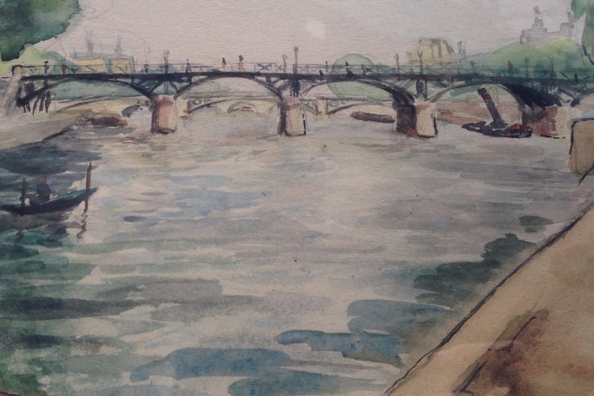 André Malterre, Les Ponts De Seine à Paris, Aquarelle, Signée, 43 X 36 Cm-photo-2